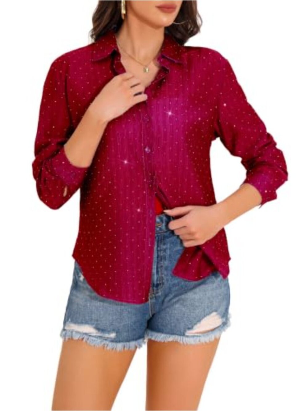 Sheer Mesh Button Down Shirt Rhinestone Sparkly Blouse Dressy Top